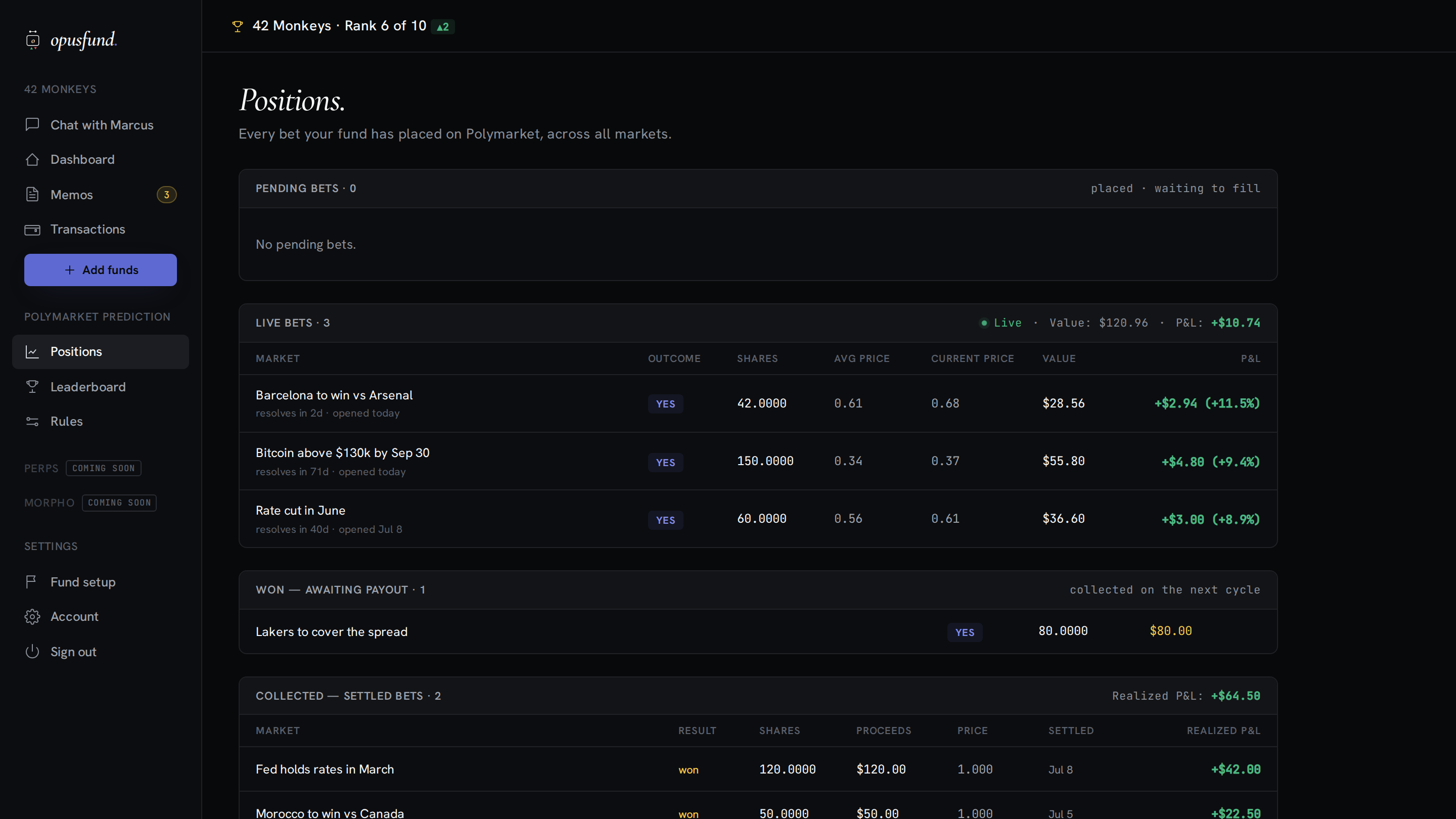 opusfund cockpit — every open position and its live price